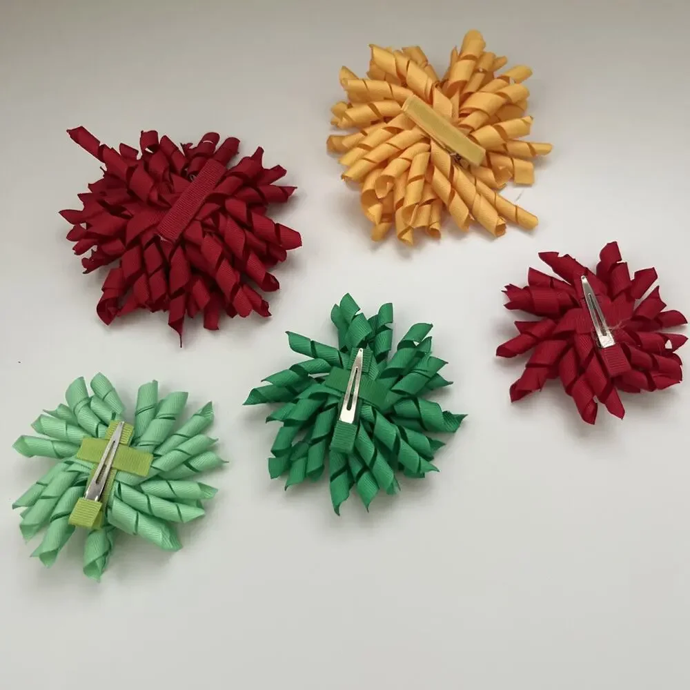 Lot Of 5 Ribbon Designed Hair Clips Red Green Yellow Light Green Holidays